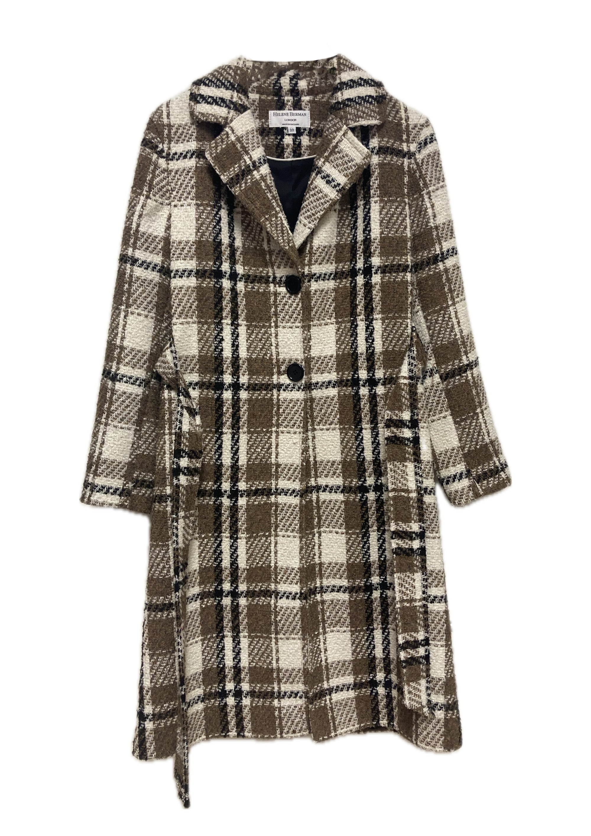 Cream and Brown Check Belted Coat