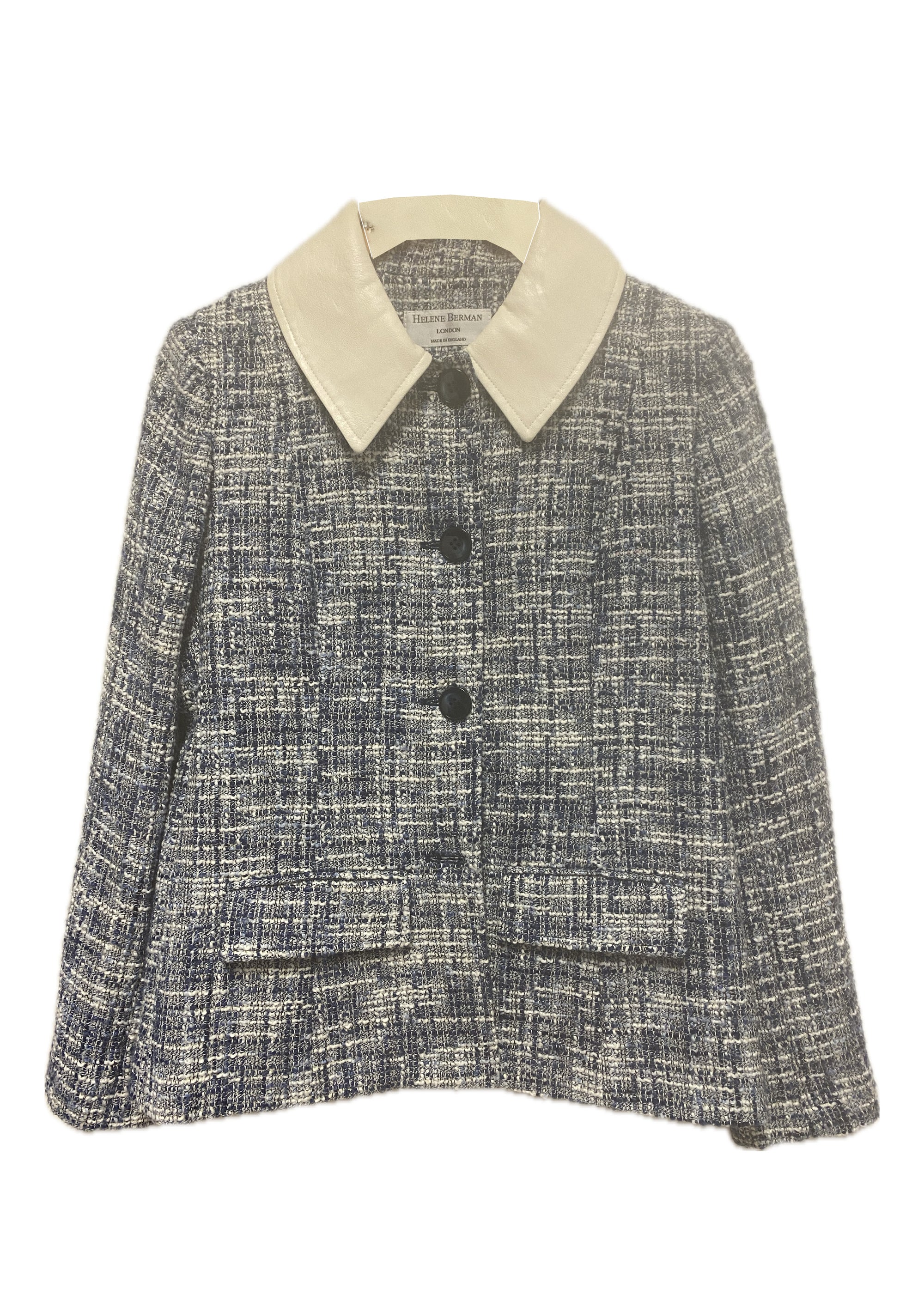 Blue Tweed Jacket with White Faux Leather Collar