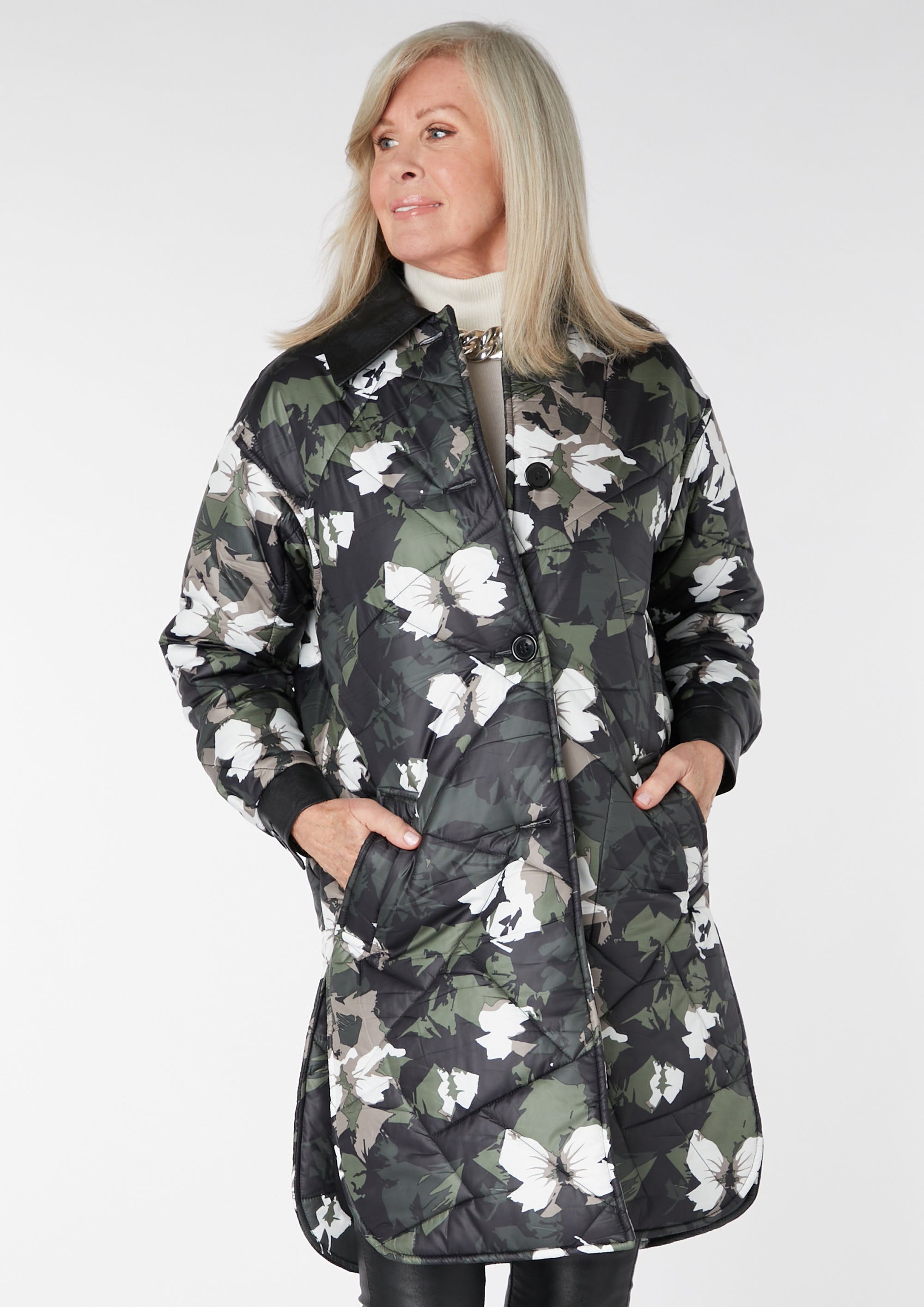 Holly Floral Quilted Coat with Faux Leather Collar