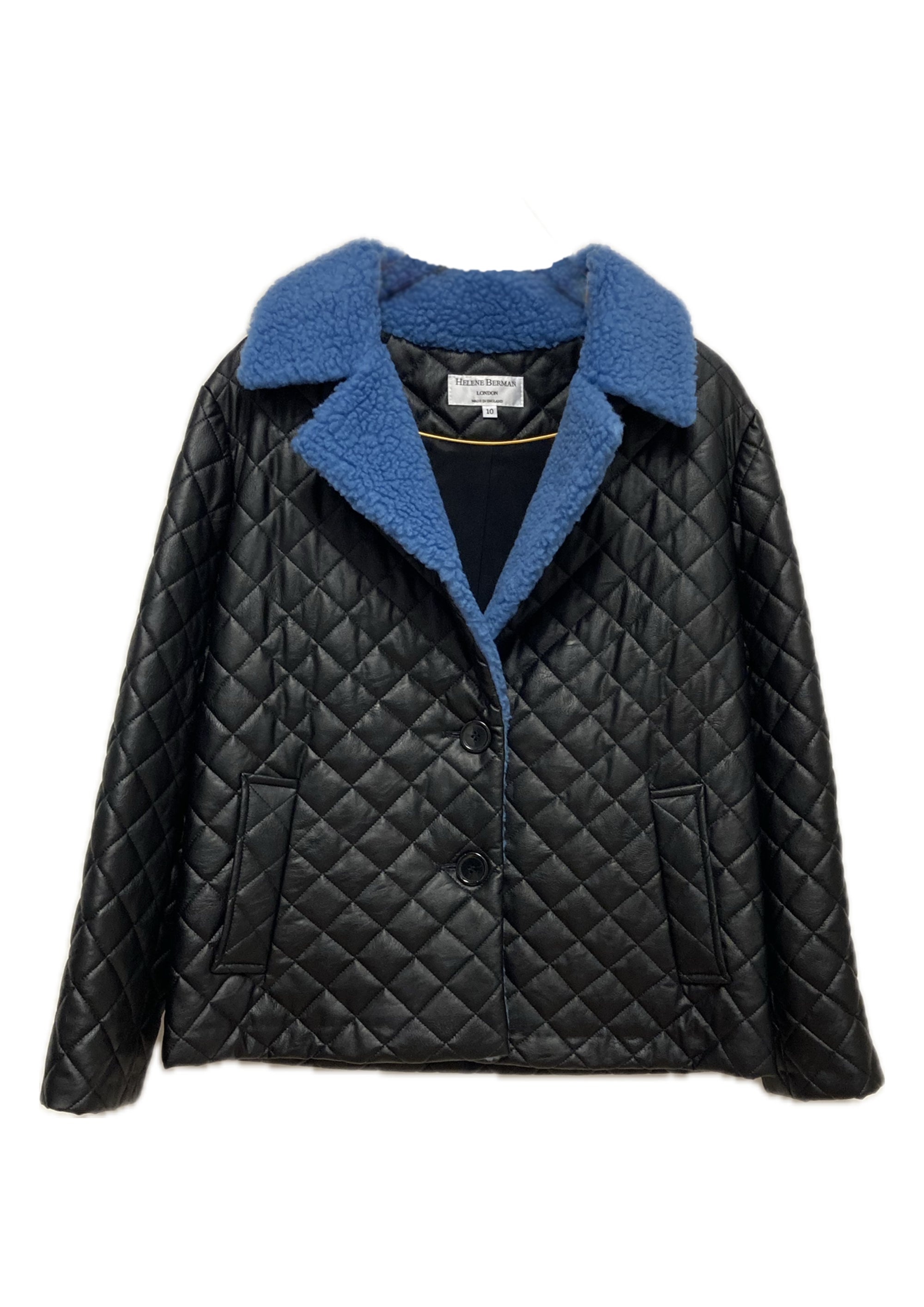 Black Pleather Quilted Jacket with Blue Teddy Collar