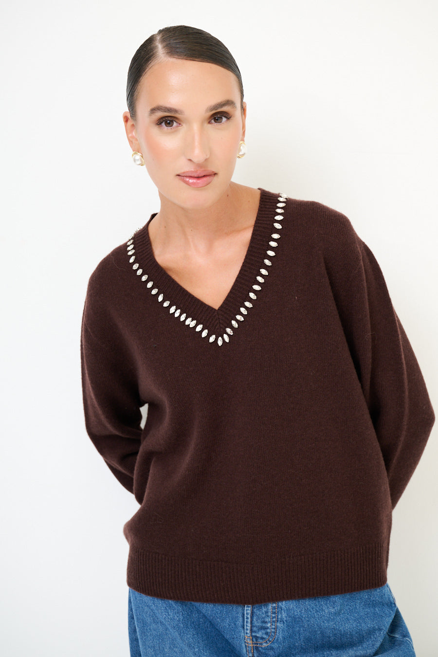 Vittoria V-neck Crystal Detail Cashmere-blend Sweater - one size