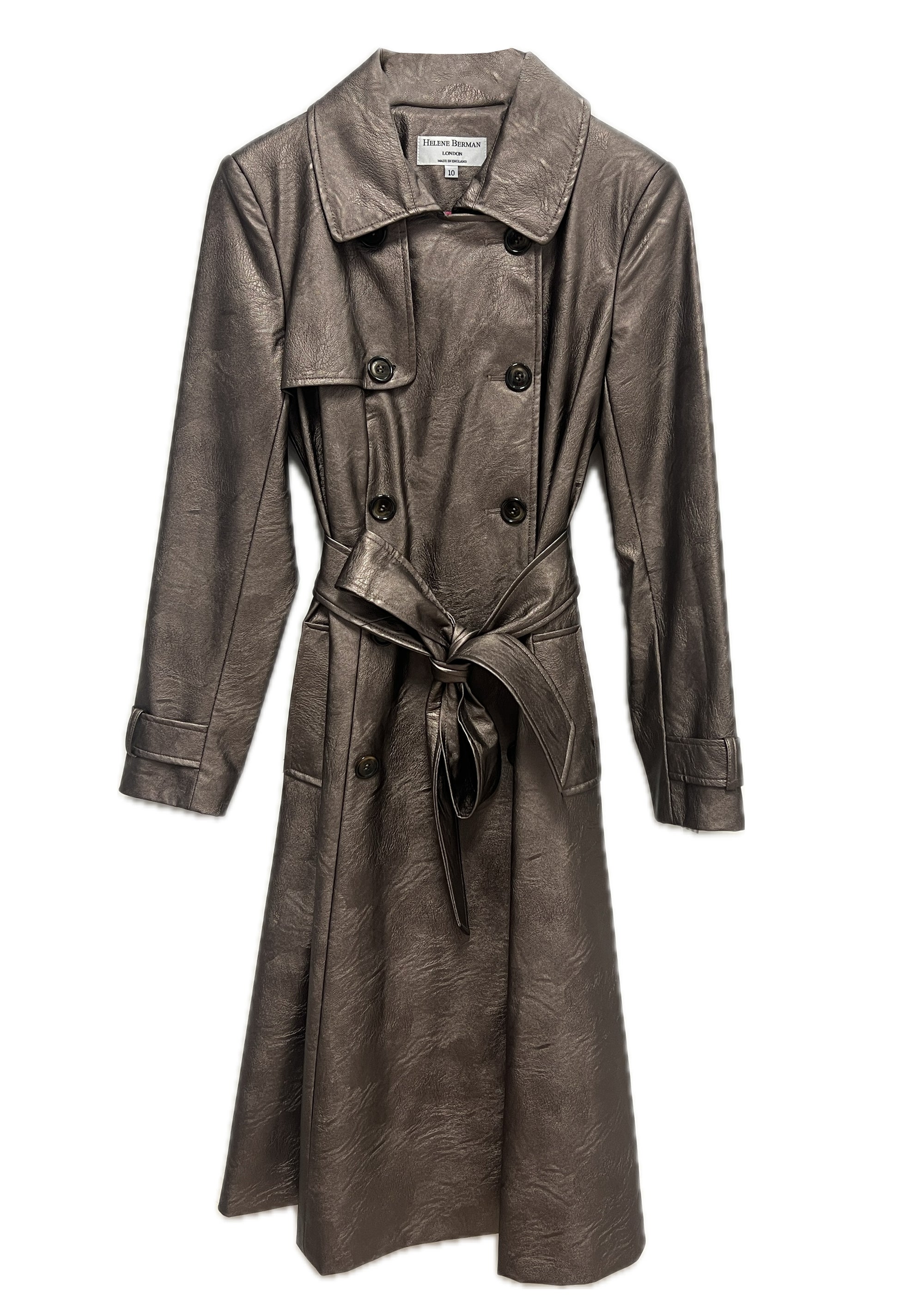 Metallic Faux Leather Trench with Tie