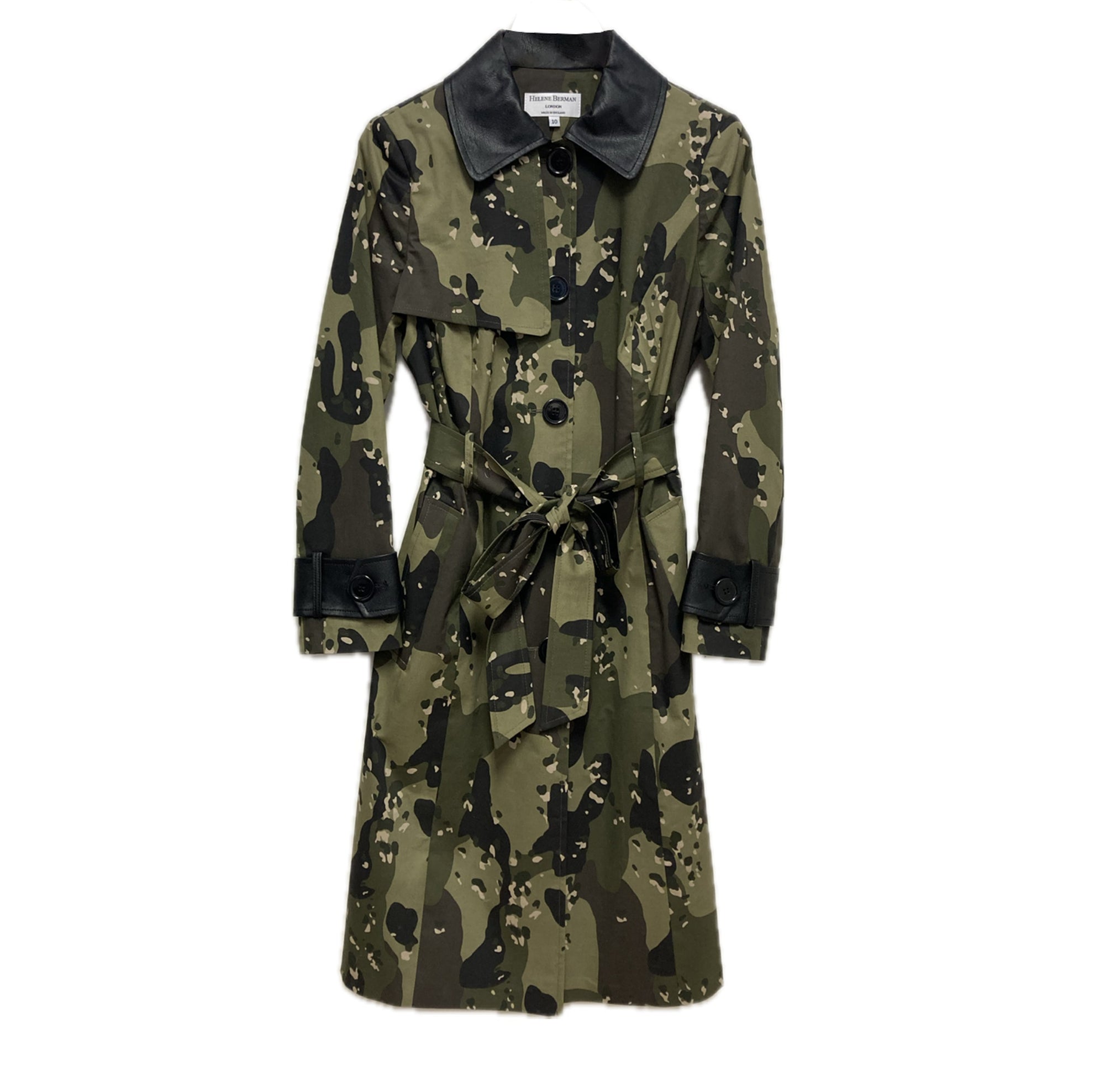 Camo Print Trench with Black Faux Leather Details