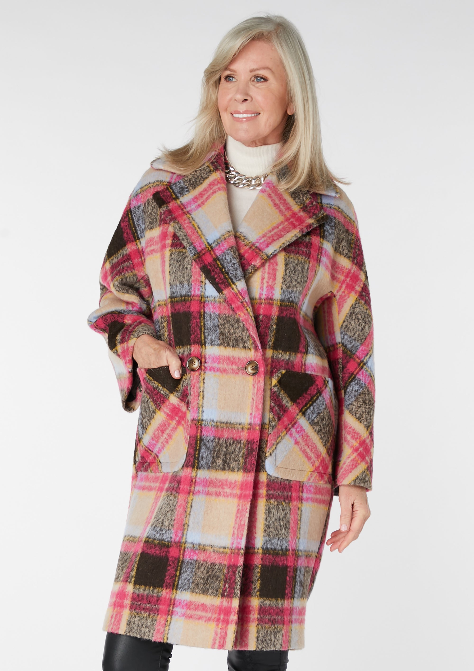 Mari Pink Contrast Double Breasted Check Coat